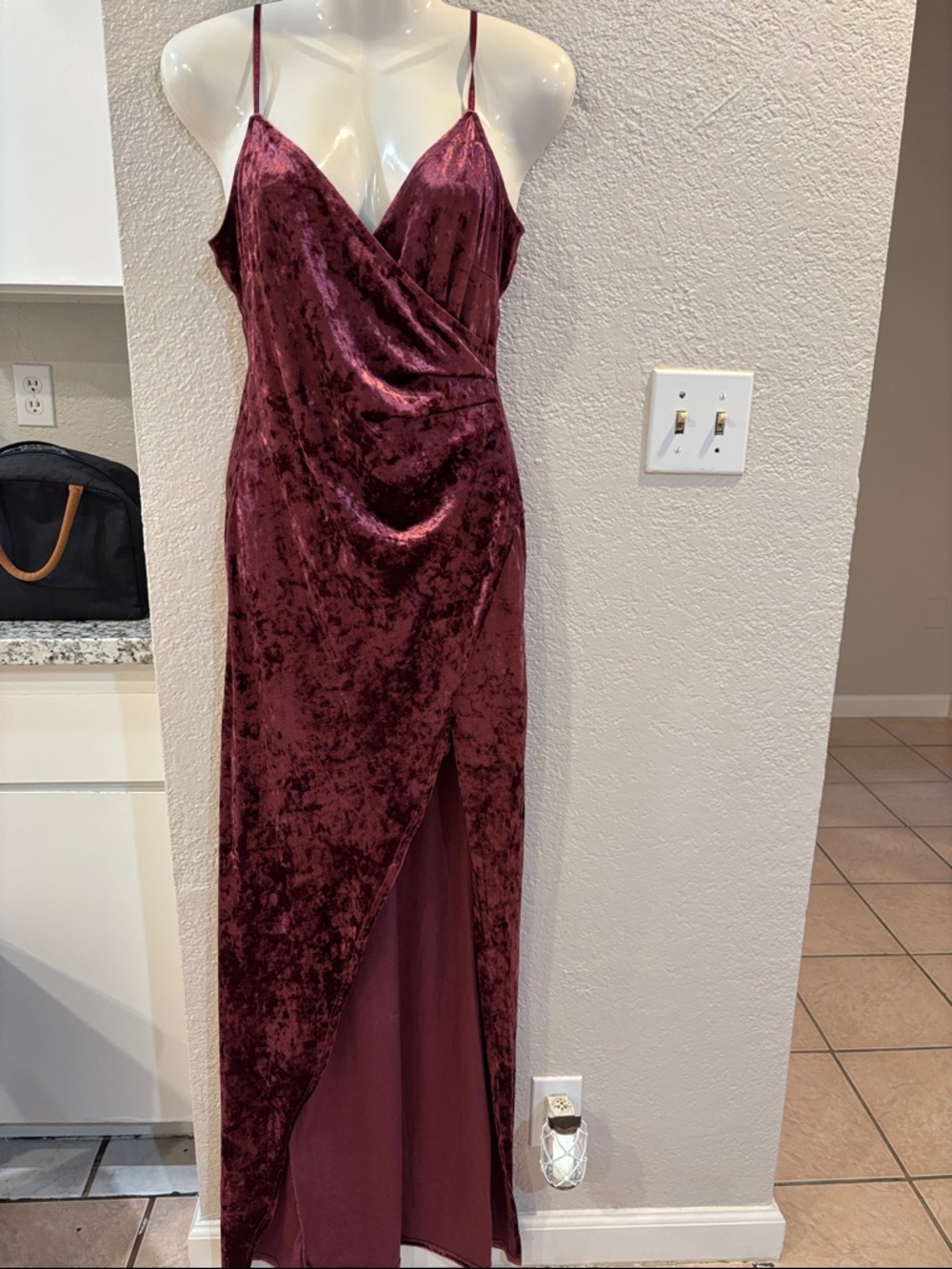 Windsor Wine Velvet Wrap-Front Spaghetti Strap Maxi Dress